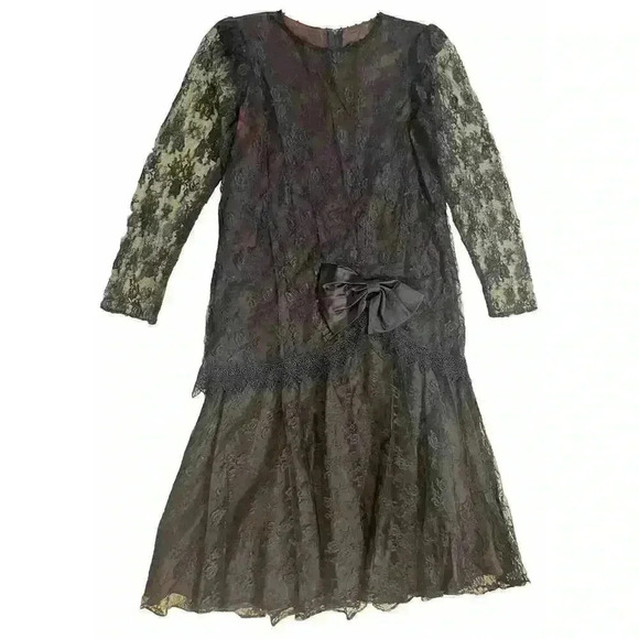 GILBERTI Victorian Vintage Navy Lace Dress 10 M L Goth Flapper 80s Midi Formal - Picture 2 of 7